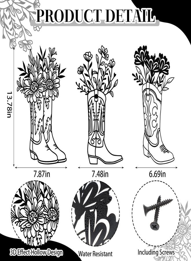 Otoolling 3 Pcs Metal Cowboy Flowers Wall Arts Vintage Western Wall Decor for Living Room Bathroom Bedroom Dining Room Housewarming Gifts(Cowboy Boots,Black) - Image 2